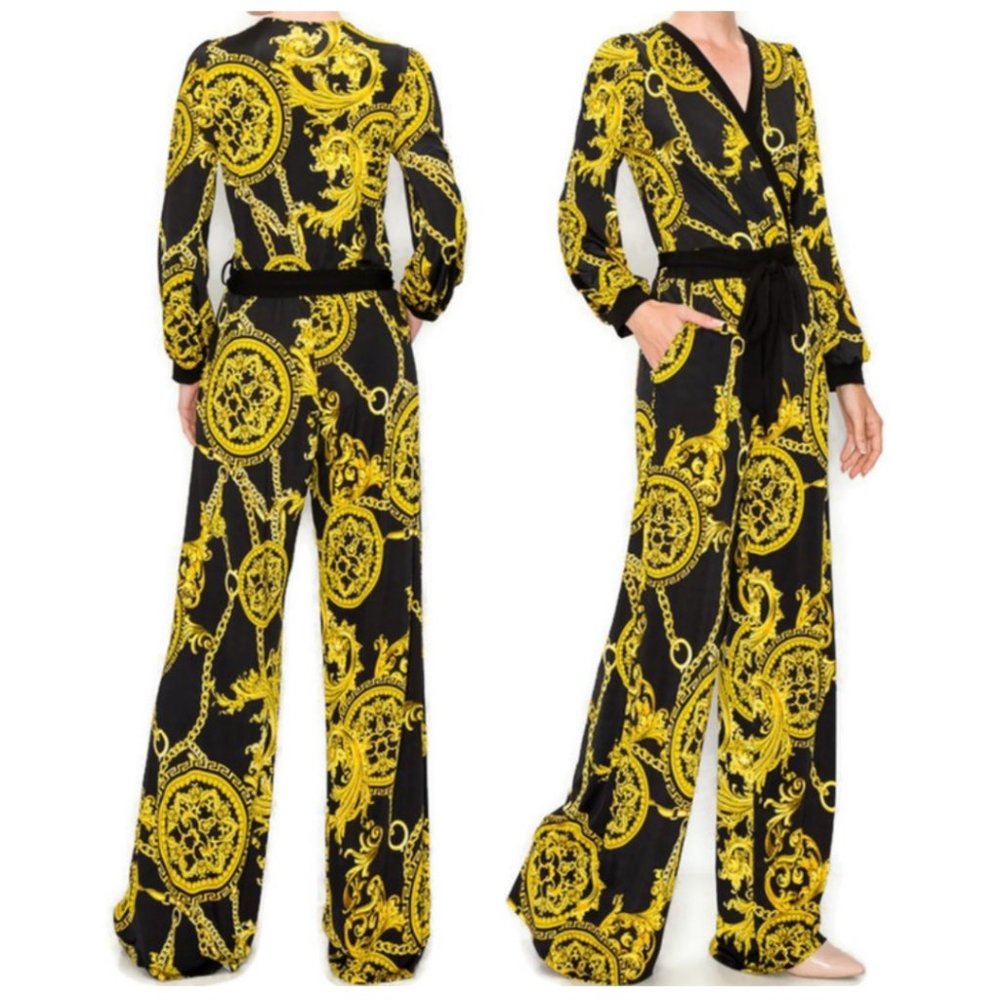 Janette Fashion Black Gold Chain Bell Long Sleeve V-neck Jumpsuit
